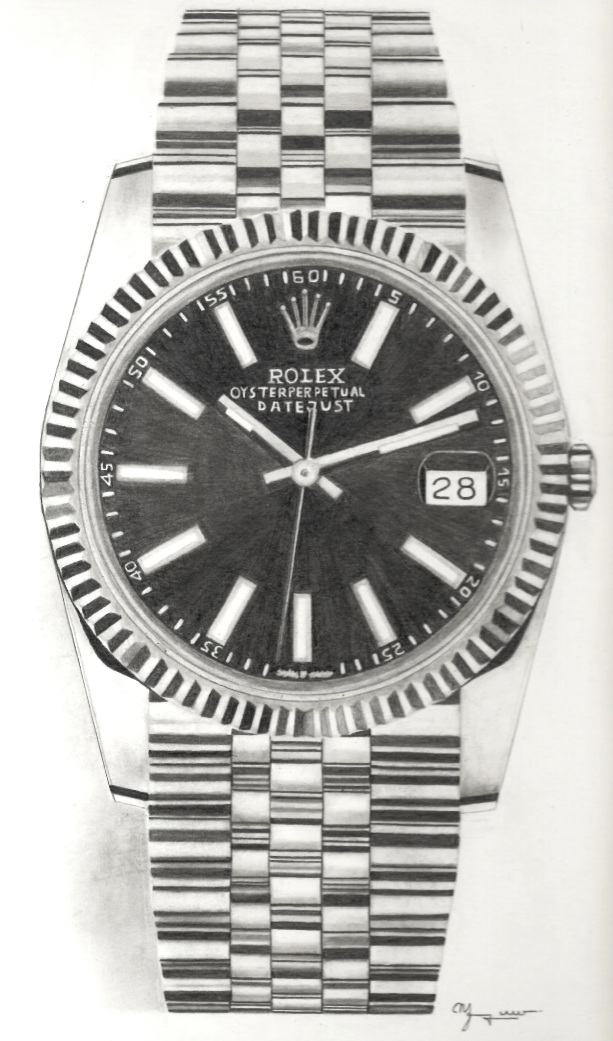Une montre Rolex Oyster Perpetual Datejust dessinée au graphite, bracelet et cadran détaillés